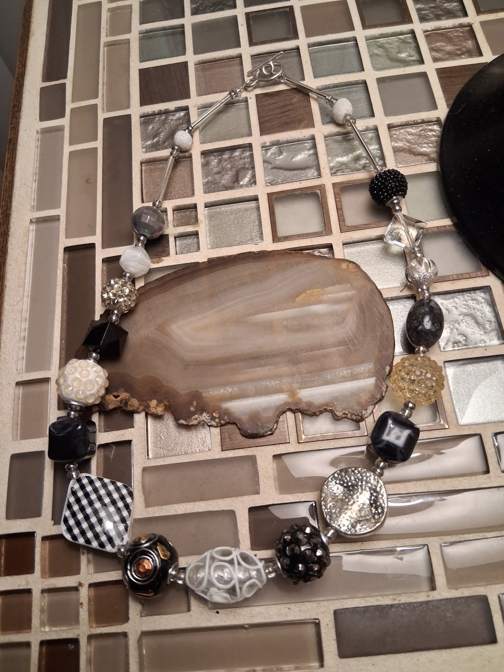 Artisan Black, White and Gold Mixed Bead Necklace